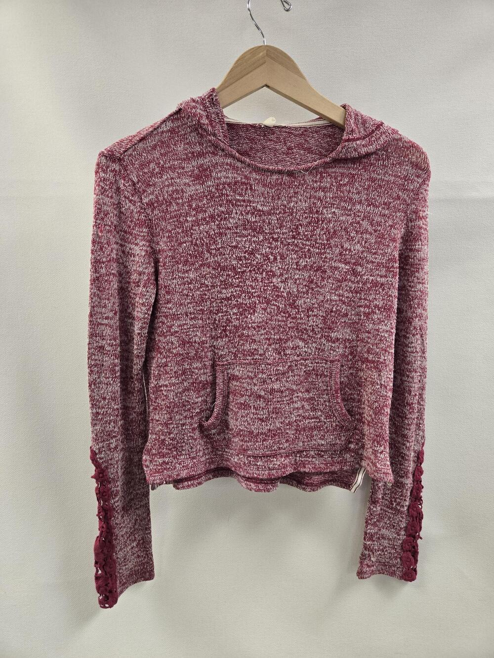 Aeropostale Sweater Womens Medium Burgundy Hooded Marled Knit Lace Sleeves